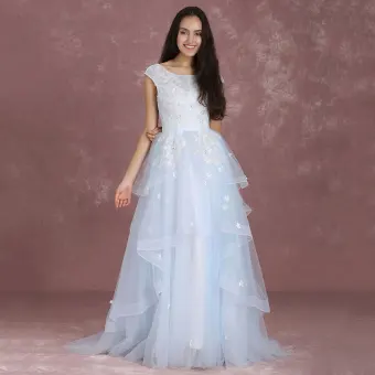 Élégant Bleu Ciel Robe De Bal 2018 Princesse Encolure Dégagée Sans Manches Appliques En Dentelle Paillettes Train De Balayage Volants En Cascade Dos Nu Robe De Ceremonie