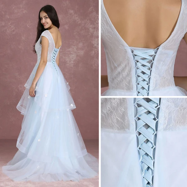 Élégant Bleu Ciel Robe De Bal 2018 Princesse Encolure Dégagée Sans Manches Appliques En Dentelle Paillettes Train De Balayage Volants en Cascade Dos Nu Robe De Ceremonie