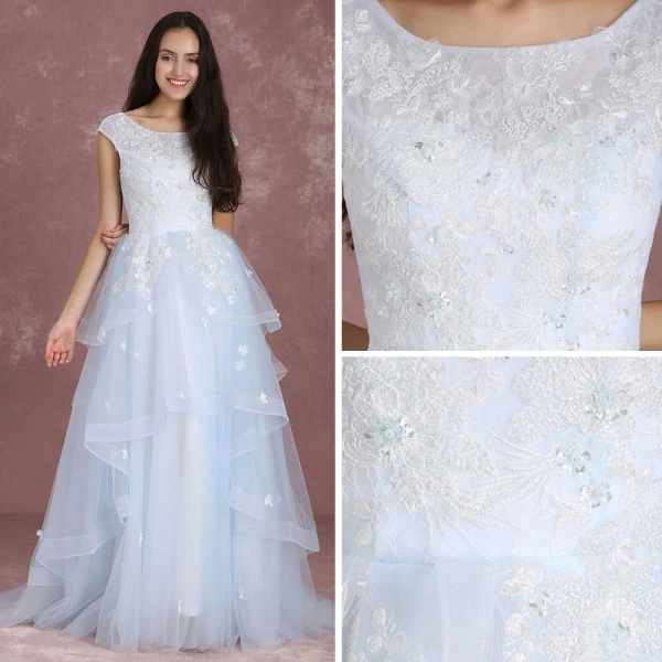 Élégant Bleu Ciel Robe De Bal 2018 Princesse Encolure Dégagée Sans Manches Appliques En Dentelle Paillettes Train De Balayage Volants en Cascade Dos Nu Robe De Ceremonie