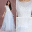 Élégant Bleu Ciel Robe De Bal 2018 Princesse Encolure Dégagée Sans Manches Appliques En Dentelle Paillettes Train De Balayage Volants en Cascade Dos Nu Robe De Ceremonie