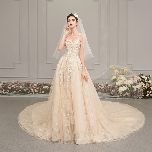 Elegant Champagne Wedding Dresses 2019 A-Line / Princess Spaghetti Straps Sleeveless Backless Glitter Appliques Lace Pearl Beading Chapel Train Ruffle Elegant Champagne Wedding Dresses 2019 A-Line / Princess Spaghetti Straps Sleeveless Backless Glitter Appliques Lace Pearl Beading Chapel Train Ruffle