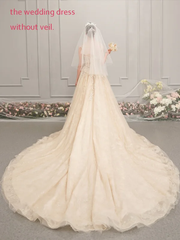 Elegant Champagne Brudekjoler 2019 Prinsesse Spaghettistropper Uten Ermer Ryggløse Glitter Appliques Blonder Perle Beading Chapel Train Buste