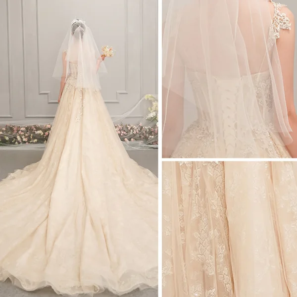 Elegant Champagne Brudekjoler 2019 Prinsesse Spaghettistropper Uten Ermer Ryggløse Glitter Appliques Blonder Perle Beading Chapel Train Buste
