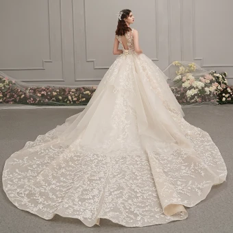 Romantique Champagne Transparentes Robe De Mariée 2019 Robe Boule Encolure Dégagée Sans Manches Dos Nu Glitter Appliques En Dentelle Perlage Cathedral Train Volants
