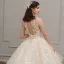 Romantique Champagne Transparentes Robe De Mariée 2019 Robe Boule Encolure Dégagée Sans Manches Dos Nu Glitter Appliques En Dentelle Perlage Cathedral Train Volants