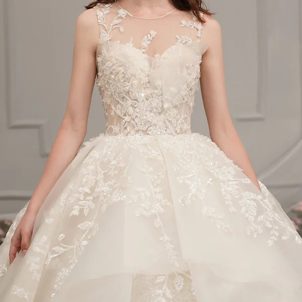 Romantique Champagne Transparentes Robe De Mariée 2019 Robe Boule Encolure Dégagée Sans Manches Dos Nu Glitter Appliques En Dentelle Perlage Cathedral Train Volants