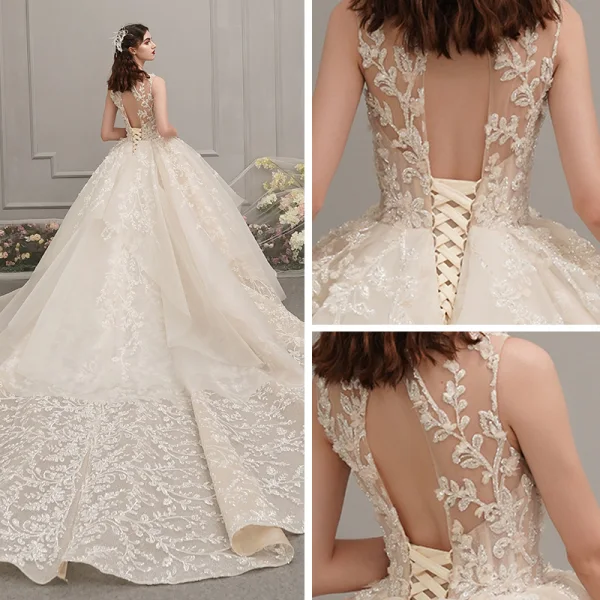 Romantique Champagne Transparentes Robe De Mariée 2019 Robe Boule Encolure Dégagée Sans Manches Dos Nu Glitter Appliques En Dentelle Perlage Cathedral Train Volants