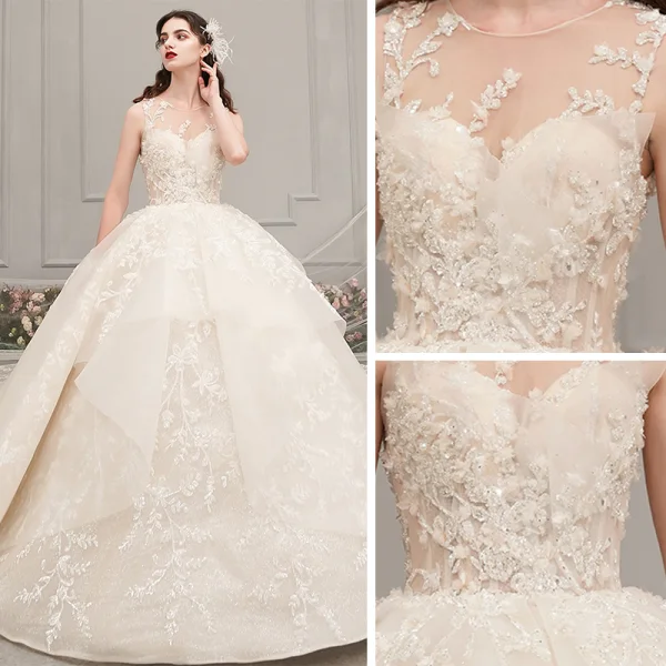 Romantique Champagne Transparentes Robe De Mariée 2019 Robe Boule Encolure Dégagée Sans Manches Dos Nu Glitter Appliques En Dentelle Perlage Cathedral Train Volants