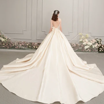 Elegant Champagne Satin Wedding Dresses 2019 A Line Princess Spaghetti Straps Sleeveless Backless Appliques Flower Beading Cathedral Train Ruffle