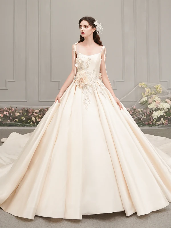 Elegant Champagne Satin Wedding Dresses 2019 A-Line / Princess Spaghetti Straps Sleeveless Backless Appliques Flower Beading Cathedral Train Ruffle