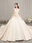 Elegant Champagne Satin Wedding Dresses 2019 A-Line / Princess Spaghetti Straps Sleeveless Backless Appliques Flower Beading Cathedral Train Ruffle
