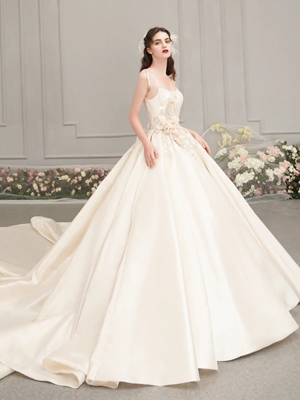 Elegant Champagne Satin Wedding Dresses 2019 A-Line / Princess Spaghetti Straps Sleeveless Backless Appliques Flower Beading Cathedral Train Ruffle
