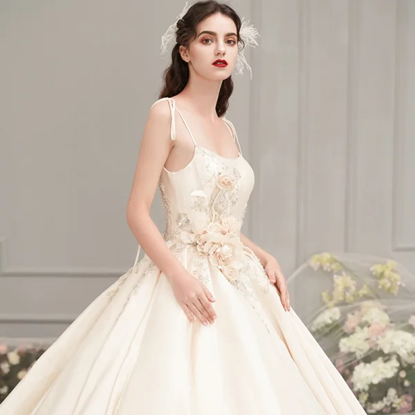 Elegant Champagne Satin Wedding Dresses 2019 A-Line / Princess Spaghetti Straps Sleeveless Backless Appliques Flower Beading Cathedral Train Ruffle