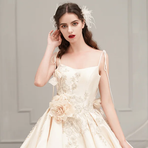 Elegant Champagne Satin Wedding Dresses 2019 A-Line / Princess Spaghetti Straps Sleeveless Backless Appliques Flower Beading Cathedral Train Ruffle