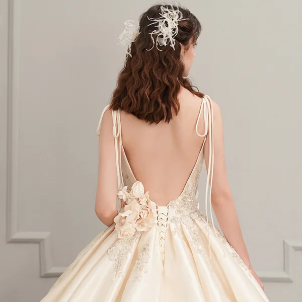 Elegant Champagne Satin Wedding Dresses 2019 A-Line / Princess Spaghetti Straps Sleeveless Backless Appliques Flower Beading Cathedral Train Ruffle