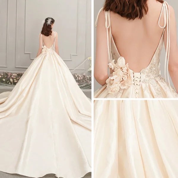Elegant Champagne Satin Wedding Dresses 2019 A-Line / Princess Spaghetti Straps Sleeveless Backless Appliques Flower Beading Cathedral Train Ruffle
