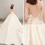 Elegant Champagne Satin Wedding Dresses 2019 A-Line / Princess Spaghetti Straps Sleeveless Backless Appliques Flower Beading Cathedral Train Ruffle