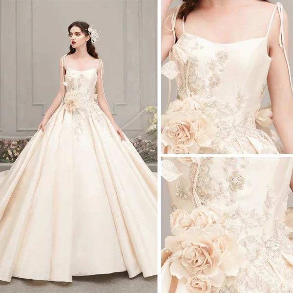 Elegant Champagne Satin Wedding Dresses 2019 A-Line / Princess Spaghetti Straps Sleeveless Backless Appliques Flower Beading Cathedral Train Ruffle