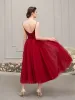 Chic / Beautiful Red Homecoming Graduation Dresses 2019 A-Line / Princess Spaghetti Straps Sleeveless Beading Tea-length Ruffle Backless Formal Dresses