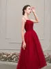 Chic / Beautiful Red Homecoming Graduation Dresses 2019 A-Line / Princess Spaghetti Straps Sleeveless Beading Tea-length Ruffle Backless Formal Dresses