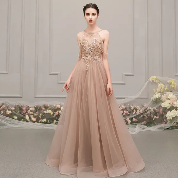 Luxury / Gorgeous Champagne See-through Evening Dresses  2019 A-Line / Princess Scoop Neck Sleeveless Rhinestone Beading Floor-Length / Long Ruffle Backless Formal Dresses