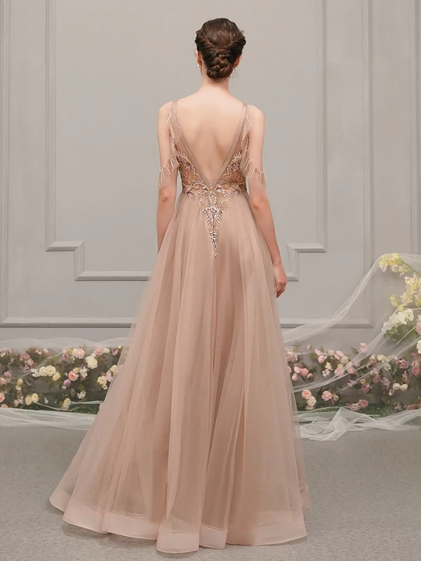 Luxury / Gorgeous Champagne See-through Evening Dresses  2019 A-Line / Princess Scoop Neck Sleeveless Rhinestone Beading Floor-Length / Long Ruffle Backless Formal Dresses