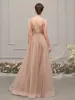 Luxury / Gorgeous Champagne See-through Evening Dresses  2019 A-Line / Princess Scoop Neck Sleeveless Rhinestone Beading Floor-Length / Long Ruffle Backless Formal Dresses