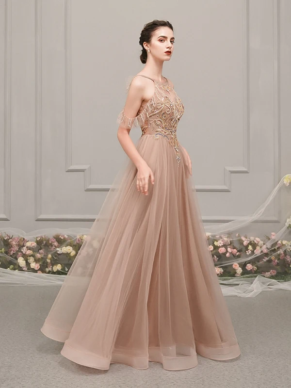 Luxury / Gorgeous Champagne See-through Evening Dresses  2019 A-Line / Princess Scoop Neck Sleeveless Rhinestone Beading Floor-Length / Long Ruffle Backless Formal Dresses