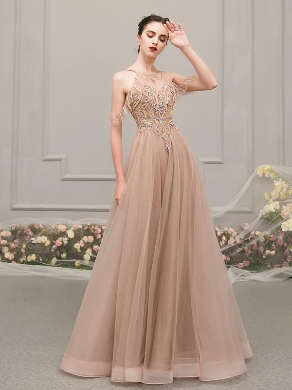 Luxury / Gorgeous Champagne See-through Evening Dresses  2019 A-Line / Princess Scoop Neck Sleeveless Rhinestone Beading Floor-Length / Long Ruffle Backless Formal Dresses
