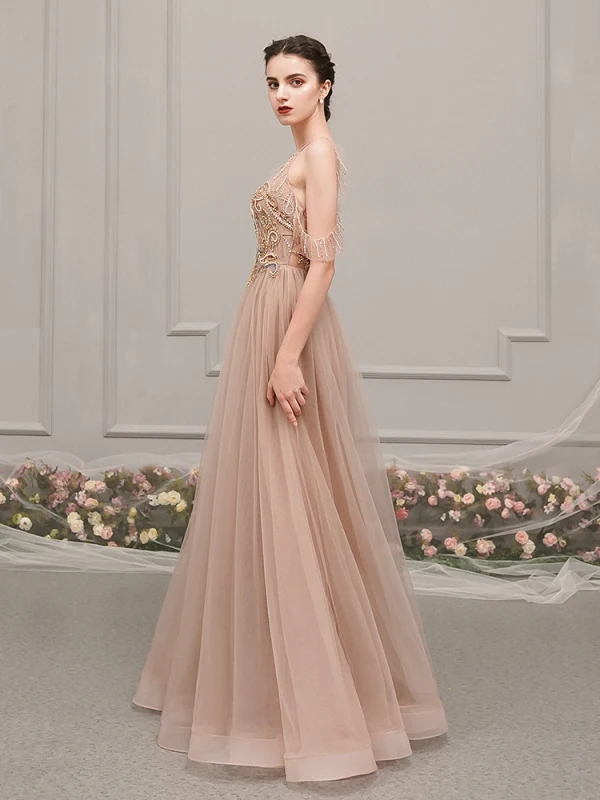 Luxury / Gorgeous Champagne See-through Evening Dresses  2019 A-Line / Princess Scoop Neck Sleeveless Rhinestone Beading Floor-Length / Long Ruffle Backless Formal Dresses