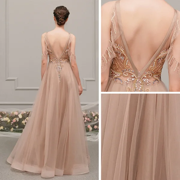 Luxury / Gorgeous Champagne See-through Evening Dresses  2019 A-Line / Princess Scoop Neck Sleeveless Rhinestone Beading Floor-Length / Long Ruffle Backless Formal Dresses