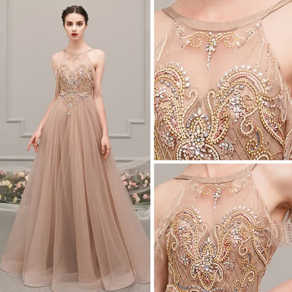 Luxury / Gorgeous Champagne See-through Evening Dresses  2019 A-Line / Princess Scoop Neck Sleeveless Rhinestone Beading Floor-Length / Long Ruffle Backless Formal Dresses