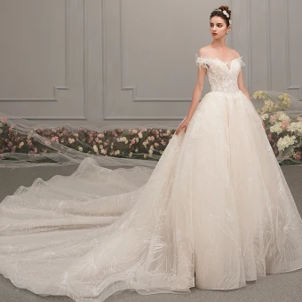Elegant Champagne Wedding Dresses 2019 A Line Princess Off The Shoulder Short Sleeve Backless Beading Appliques Lace Glitter Tulle Cathedral Train Ruffle