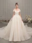 Élégant Champagne Robe De Mariée 2019 Princesse De l'épaule Manches Courtes Dos Nu Perlage Appliques En Dentelle Glitter Tulle Cathedral Train Volants