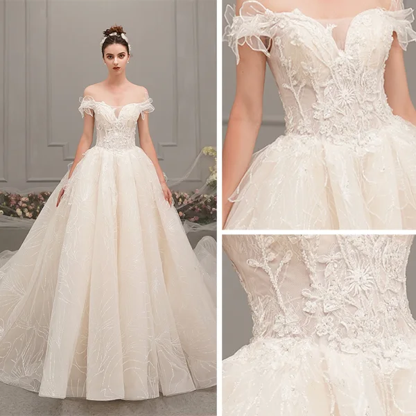 Élégant Champagne Robe De Mariée 2019 Princesse De l'épaule Manches Courtes Dos Nu Perlage Appliques En Dentelle Glitter Tulle Cathedral Train Volants