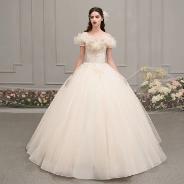 Chic Beautiful Champagne Outdoor Garden Wedding Dresses 2019 Ball Gown Amazing Unique Off The Shoulder Short Sleeve Backless Beading Glitter Tulle Floor Length Long Ruffle