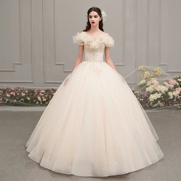 Chic / Beautiful Champagne Outdoor / Garden Wedding Dresses 2019 Ball Gown Amazing / Unique Off-The-Shoulder Short Sleeve Backless Beading Glitter Tulle Floor-Length / Long Ruffle