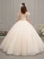 Chic / Beautiful Champagne Outdoor / Garden Wedding Dresses 2019 Ball Gown Amazing / Unique Off-The-Shoulder Short Sleeve Backless Beading Glitter Tulle Floor-Length / Long Ruffle