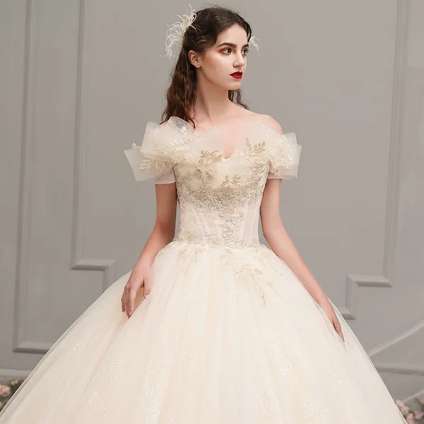 Chic / Beautiful Champagne Outdoor / Garden Wedding Dresses 2019 Ball Gown Amazing / Unique Off-The-Shoulder Short Sleeve Backless Beading Glitter Tulle Floor-Length / Long Ruffle