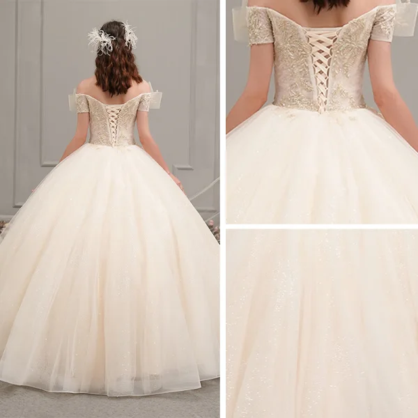 Chic / Beautiful Champagne Outdoor / Garden Wedding Dresses 2019 Ball Gown Amazing / Unique Off-The-Shoulder Short Sleeve Backless Beading Glitter Tulle Floor-Length / Long Ruffle