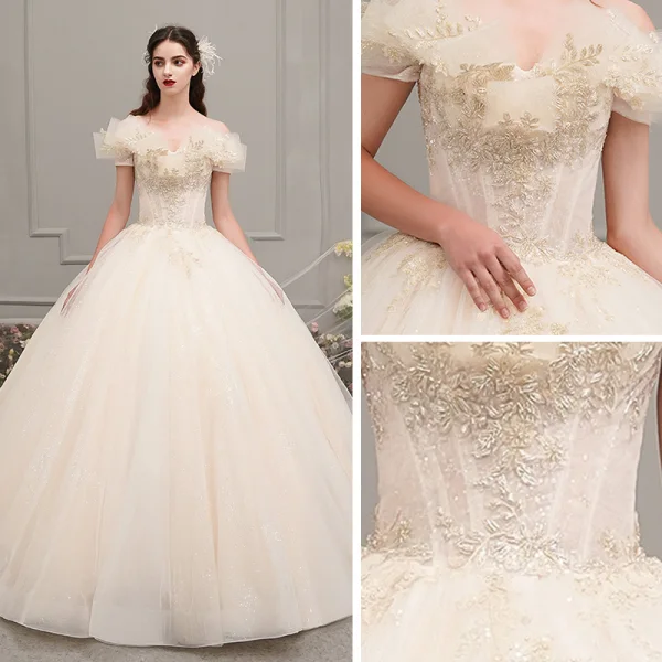 Chic / Beautiful Champagne Outdoor / Garden Wedding Dresses 2019 Ball Gown Amazing / Unique Off-The-Shoulder Short Sleeve Backless Beading Glitter Tulle Floor-Length / Long Ruffle