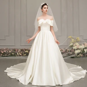 Modest Simple Champagne Satin Wedding Dresses 2019 Princess Off The Shoulder Short Sleeve Backless Cathedral Train Ruffle