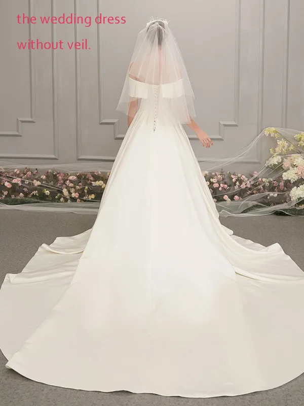 Enkla Champagne Satin Bröllopsklänningar 2019 Prinsessa Av Axeln Korta ärm Halterneck Cathedral Train Ruffle