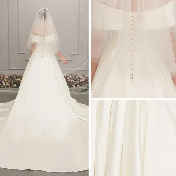 Enkla Champagne Satin Bröllopsklänningar 2019 Prinsessa Av Axeln Korta ärm Halterneck Cathedral Train Ruffle