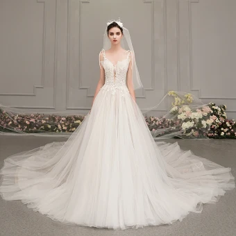 Elegant Ivory Wedding Dresses 2019 A Line Princess Deep V Neck Sleeveless Backless Appliques Lace Beading Cathedral Train Ruffle