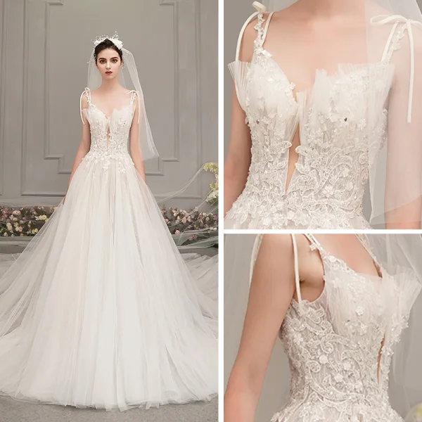 Élégant Ivoire Robe De Mariée 2019 Princesse Col v profond Sans Manches Dos Nu Appliques En Dentelle Perlage Cathedral Train Volants