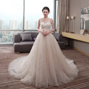 Chic Beautiful Champagne Wedding Dresses 2019 Empire Spaghetti Straps Sleeveless Backless Appliques Lace Beading Pearl Glitter Tulle Chapel Train Ruffle