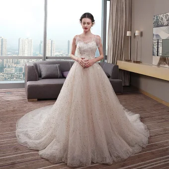Chic Beautiful Champagne Wedding Dresses 2019 Empire Spaghetti Straps Sleeveless Backless Appliques Lace Beading Pearl Glitter Tulle Chapel Train Ruffle