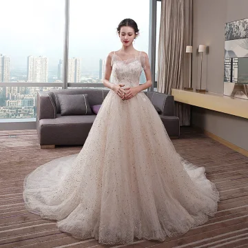 Chic Beautiful Champagne Wedding Dresses 2019 Empire Spaghetti Straps Sleeveless Backless Appliques Lace Beading Pearl Glitter Tulle Chapel Train Ruffle