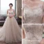 Schöne Champagner Brautkleider / Hochzeitskleider 2019 Empire Spaghettiträger Ärmellos Rückenfreies Applikationen Spitze Perlenstickerei Perle Glanz Tülle Kapelle-Schleppe Rüschen